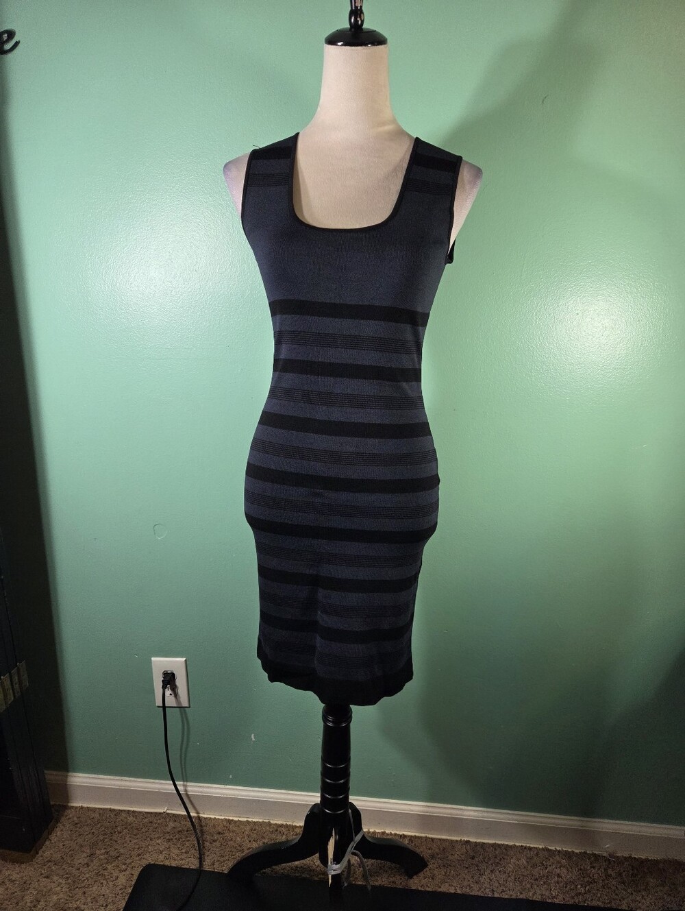 Max Studio Navy and Black Striped Midi Dress